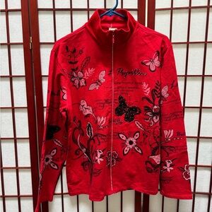 Women’s Red Butterfly Zip-Front Utility Jacket
